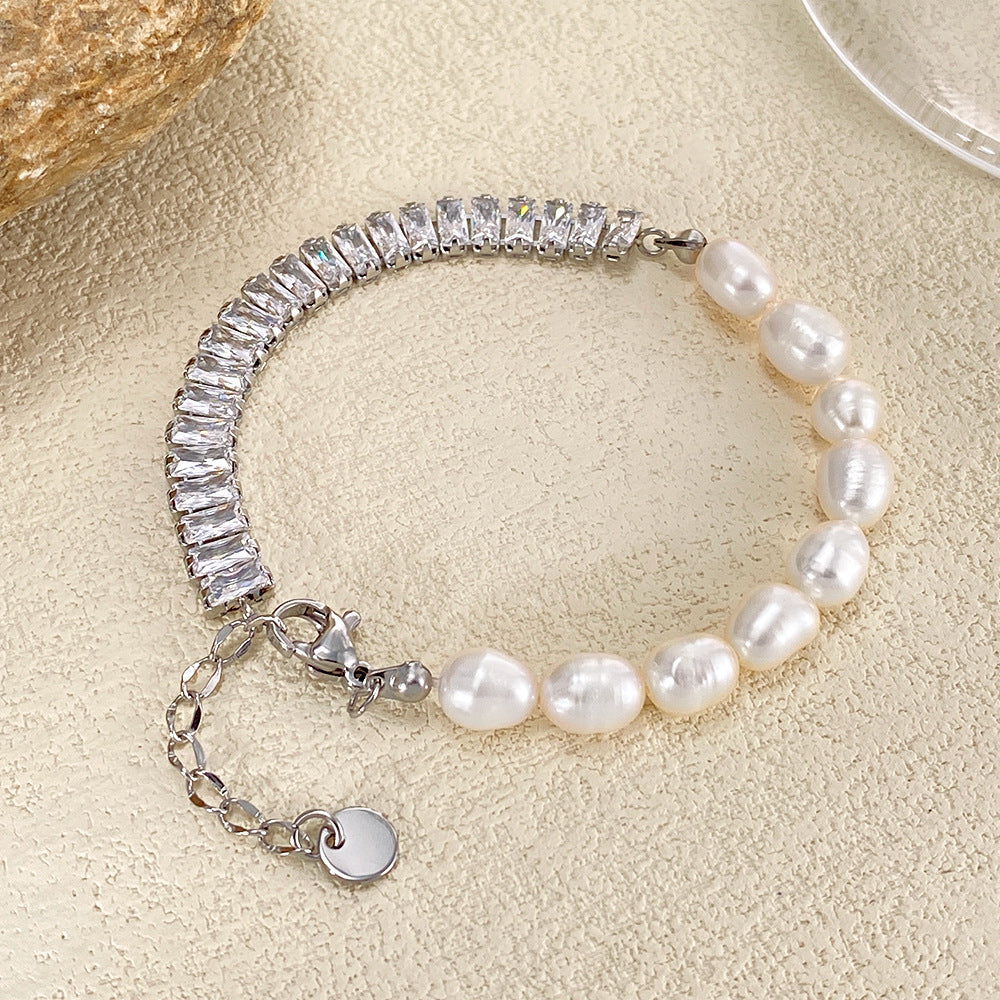 Rockyu ブレスレット レディース パール＆ジルコニア 非対称 ステンレス スチール