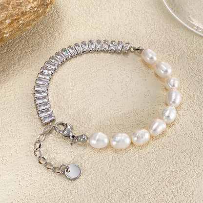 Rockyu ブレスレット レディース パール＆ジルコニア 非対称 ステンレス スチール
