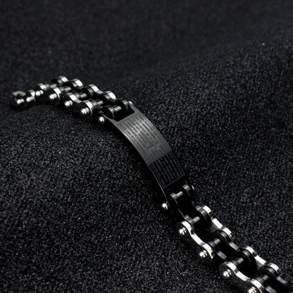 Rockyu メンズブレスレット 自転車チェーン風 ゴールド チタン製 プレート刻印 十字架 真言入り ハワイアン風 パーティーアクセサリー