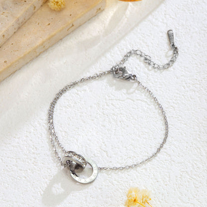 Rockyu ブレスレット レディース ピンクゴールド チタン 2連リング ローマ数字 ジルコニア