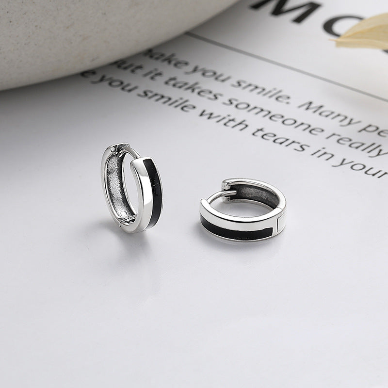 Rockyu シルバー925 ブラックエナメル フープピアス シンプルモダン 男女兼用