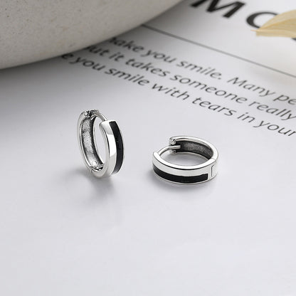 Rockyu シルバー925 ブラックエナメル フープピアス シンプルモダン 男女兼用