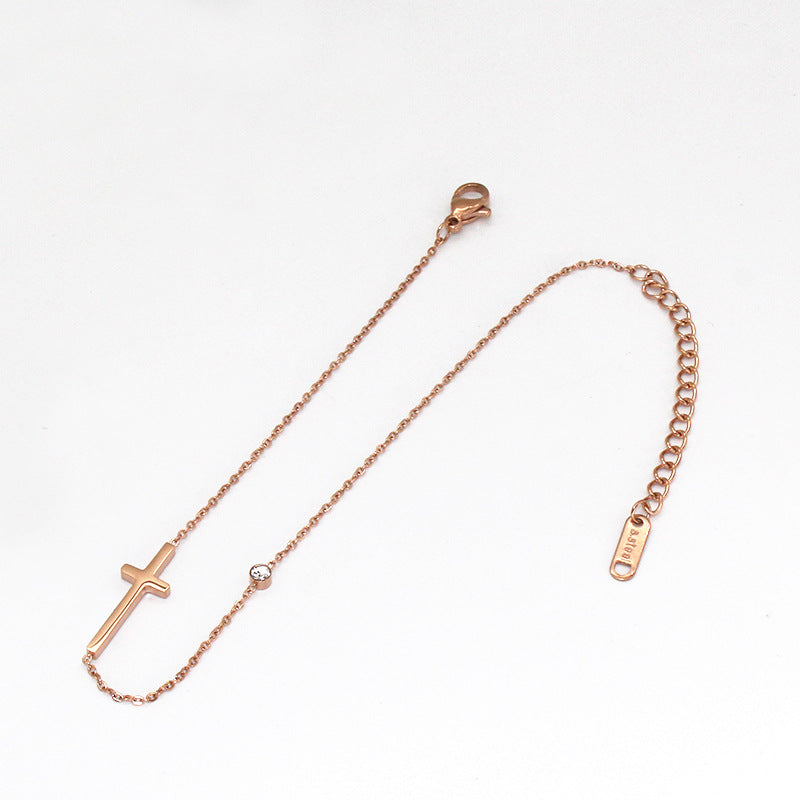 Rockyu アンクレット レディース クロス チタン 細いチェーン ジルコニア アンティーク風