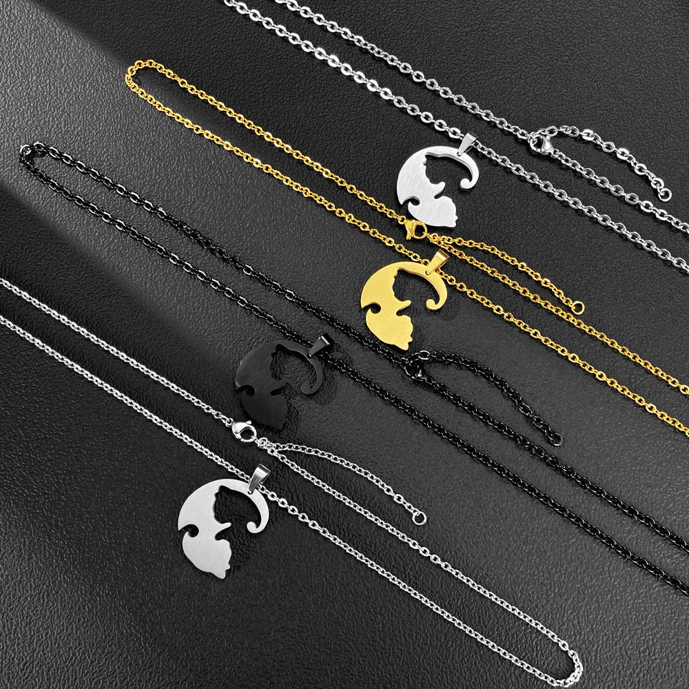 Rockyu ペアネックレス 猫モチーフ シルバー＆ブラック 男女兼用 ステンレス 可愛い カップルセット