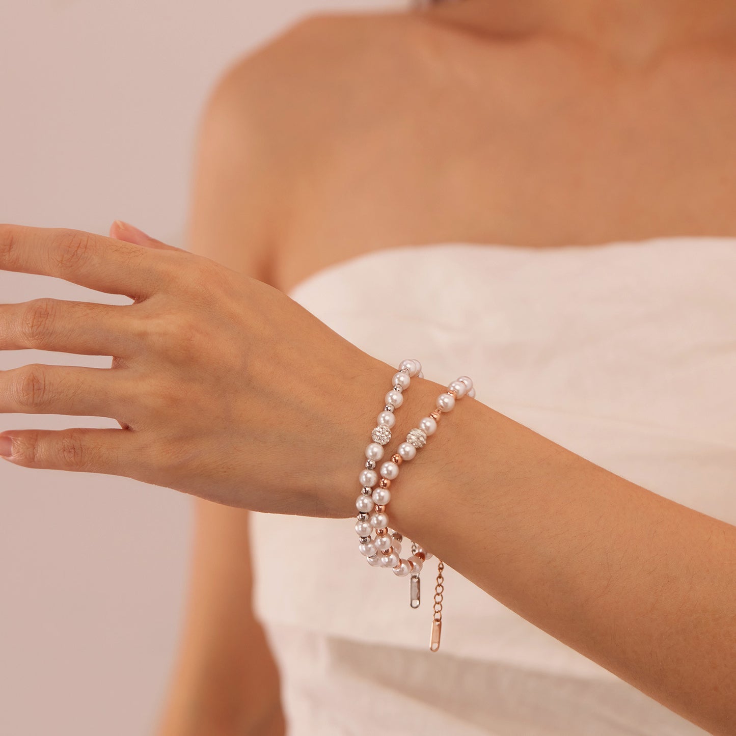 Rockyu ブレスレット レディース パール×ラインストーン 上品エレガント 2連風デザイン