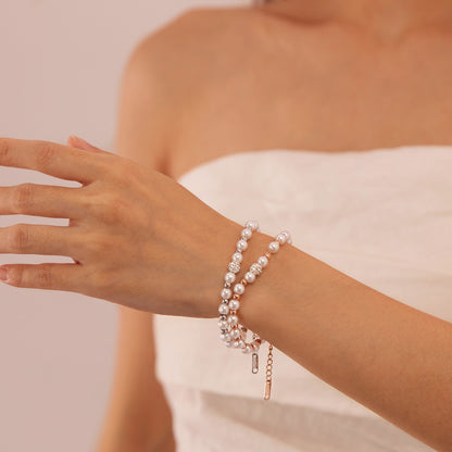 Rockyu ブレスレット レディース パール×ラインストーン 上品エレガント 2連風デザイン