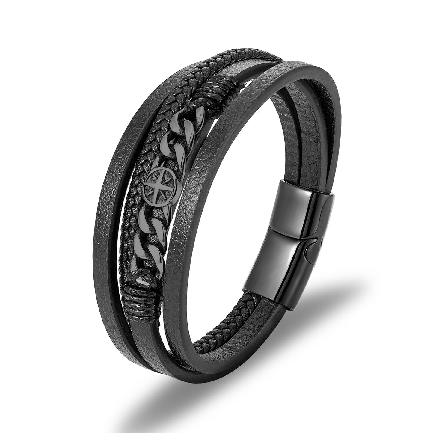 Rockyu メンズブレスレット レザー 黒 多重巻き チェーン 幅広 バングル アクセサリー