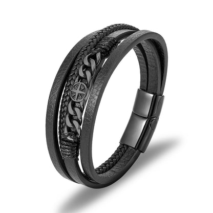 Rockyu メンズブレスレット レザー 黒 多重巻き チェーン 幅広 バングル アクセサリー