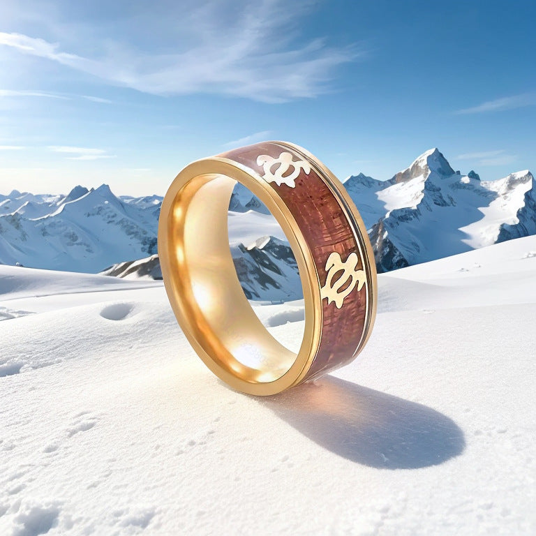 Rockyu 亀モチーフ 木目リング メンズ ステンレス製 延寿お守りデザイン 指輪