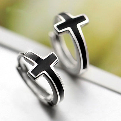 Rockyu ピアス メンズ レディース 十字架 クロス ブラック フープ リングピアス アクセサリー