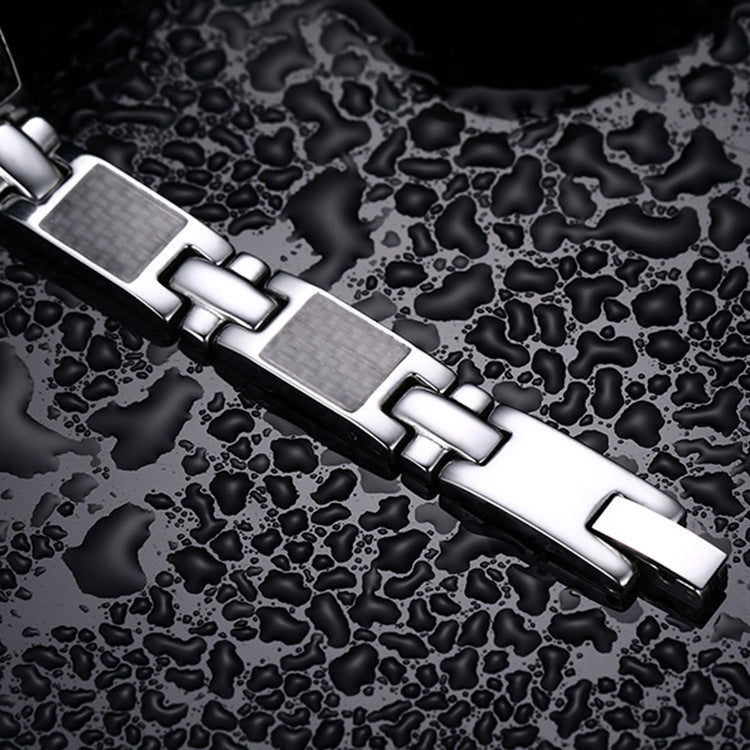 Rockyu ブレスレット メンズ ステンレス シルバー ブラック カーボン調 幅広チェーン モダンデザイン