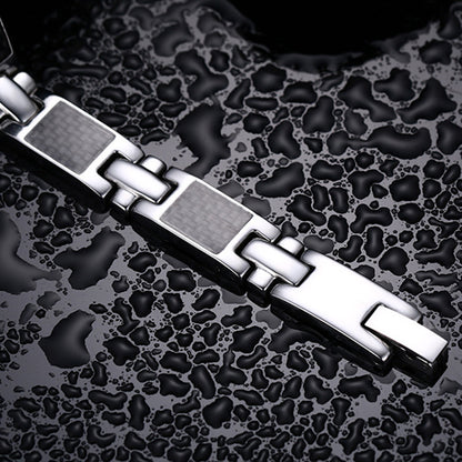 Rockyu ブレスレット メンズ ステンレス シルバー ブラック カーボン調 幅広チェーン モダンデザイン