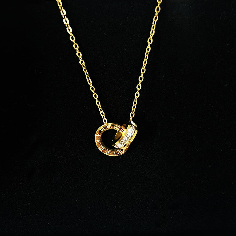 Rockyu 2連リングネックレス レディース チタン製 ピンクゴールド CZストーン 金属アレルギー対応