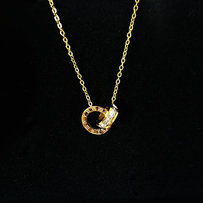 Rockyu 2連リングネックレス レディース チタン製 ピンクゴールド CZストーン 金属アレルギー対応