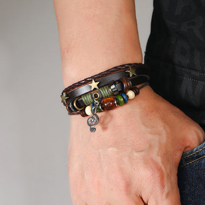 Rockyu メンズブレスレット 多重レザー 音符チャーム付き 編み込みバングル