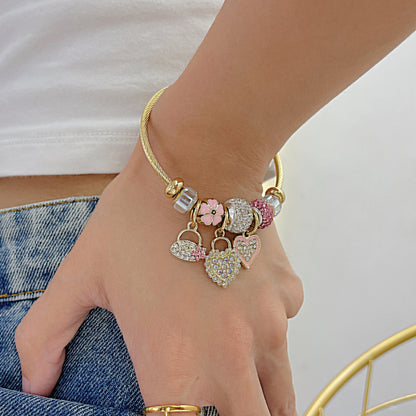 ブレスレット レディース ゴールド ハート＆フラワーチャーム ジルコニア ステンレス製 金属アレルギー対応