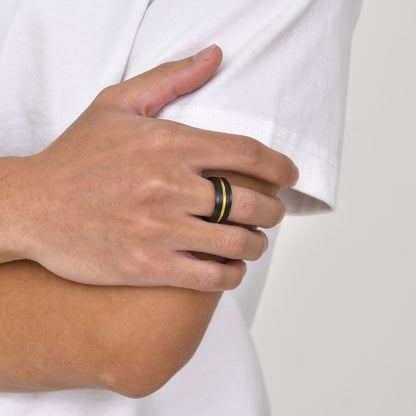 Rockyu メンズリング タングステン鋼 8mm ブラック×ゴールド／レインボー