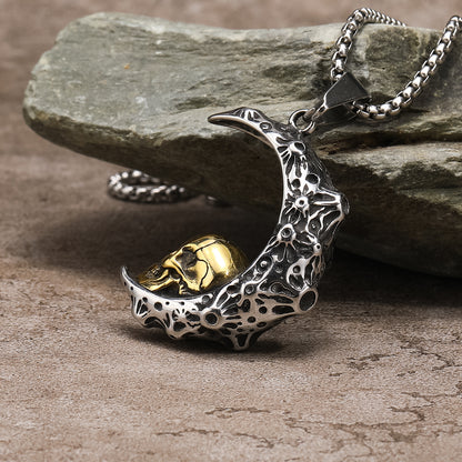 Rockyu メンズネックレス 月とスカルのダークペンダント ステンレス製 60cmチェーン付き