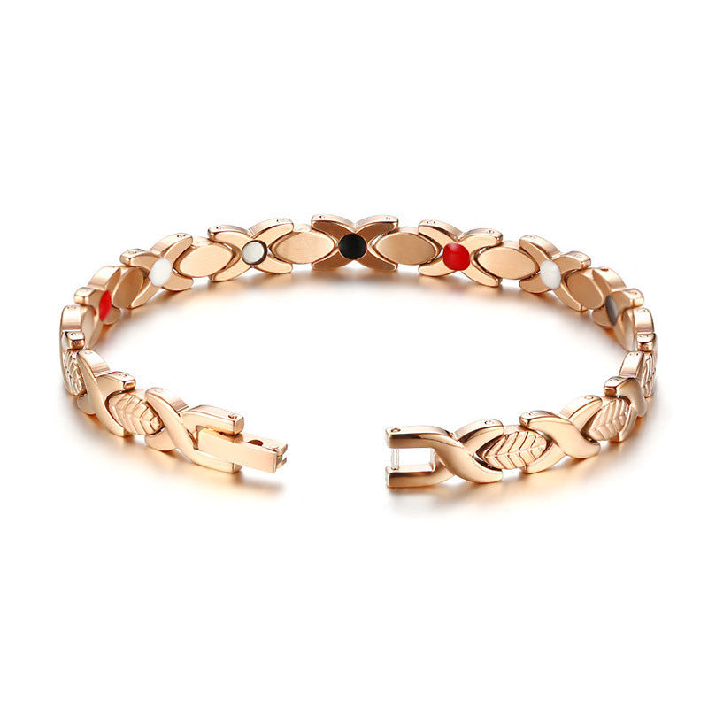 Rockyu ブレスレット レディース 磁気 シルバー＆ゴールド ゲルマニウム 健康ステンレス腕輪