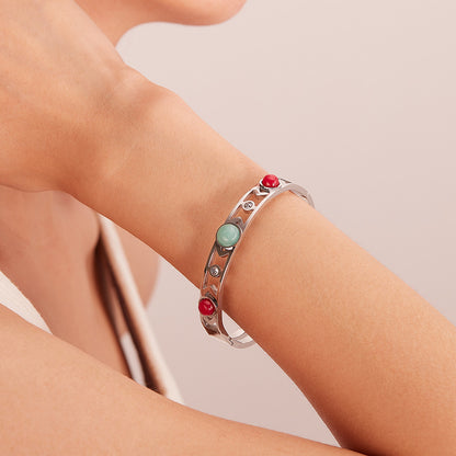 Rockyu レディース バングル 太め 透かし彫り 天然石 ゴールド・シルバー ステンレス 金属アレルギー対応