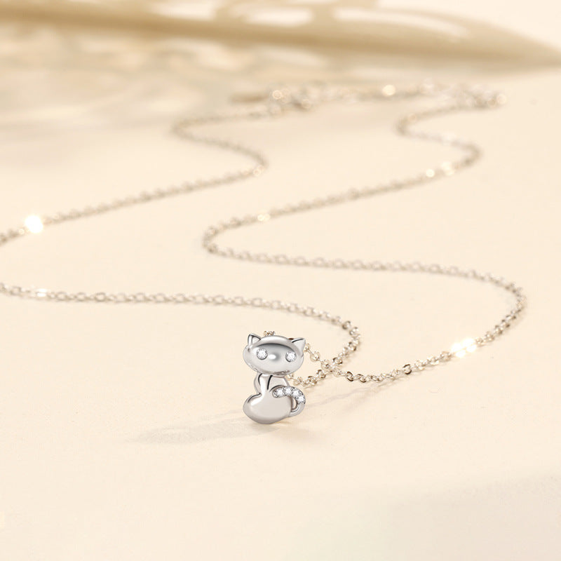 Rockyu ネックレス レディース 猫 シルバー925 ジルコニア ペンダント 純銀 鎖骨チェーン