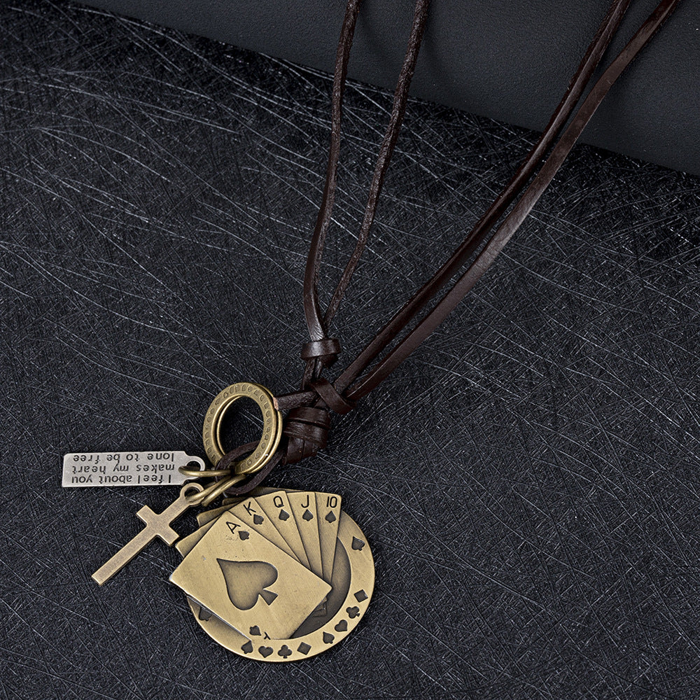 Rockyu ネックレス メンズ レザー 紐 ペンダント 十字架 トランプモチーフ ステンレス ヴィンテージ アクセサリー
