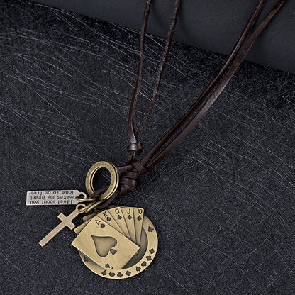 Rockyu ネックレス メンズ レザー 紐 ペンダント 十字架 トランプモチーフ ステンレス ヴィンテージ アクセサリー