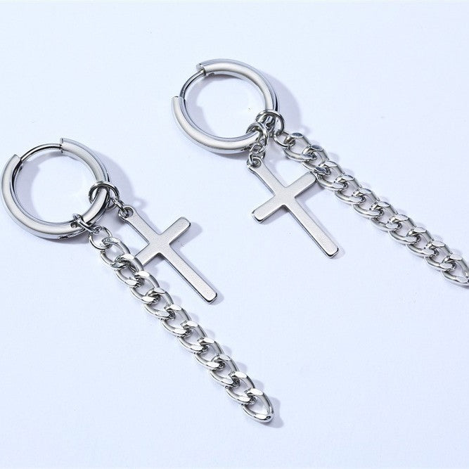 Rockyu メンズピアス クロスチェーン チタンフープ 十字架デザイン