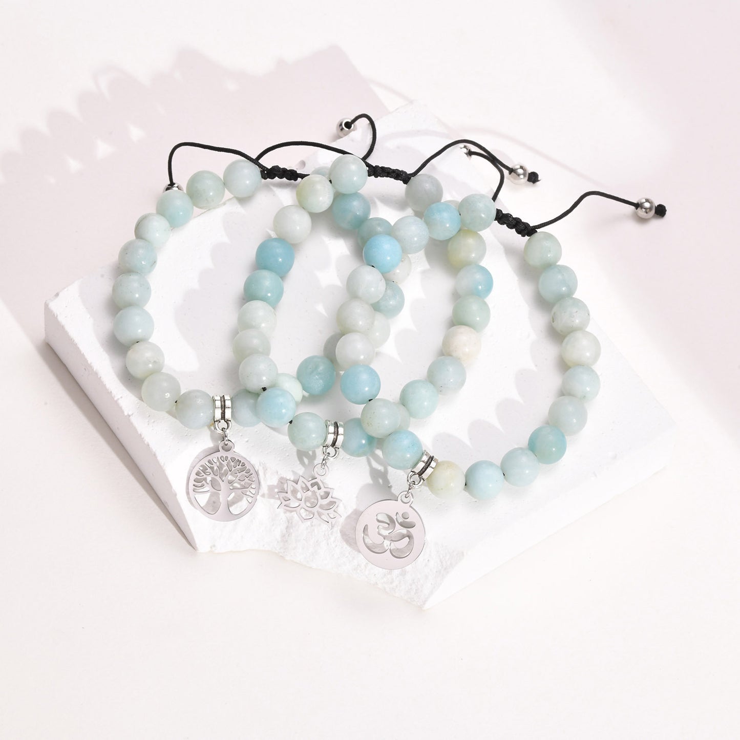 Rockyu レディース 天然石ブレスレット 蓮花・生命の樹・オームモチーフ ステンレスペンダント 金属アレルギー対応