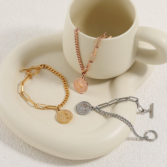 Rockyu ブレスレット レディース ピンクゴールド メダルデザイン アンティーク風 ステンレス