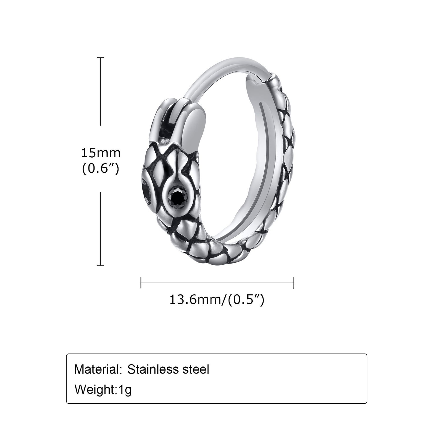 Rockyu ピアス メンズ ステンレス 蛇モチーフ フープ ブラックジルコニア シルバー 片耳用