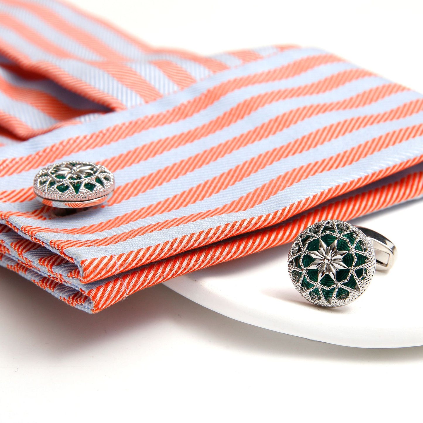 Rockyu カフス シルバーカラーバリエ 花柄透かし彫り ラウンドカフス メンズ ビジネス フォーマル ギフト