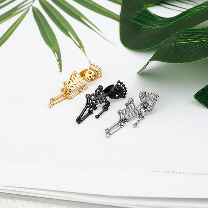 Rockyu スケルトンクラウンピアス｜揺れるドクロデザイン・ユニセックス・3色展開（ブラック/ゴールド/シルバー）