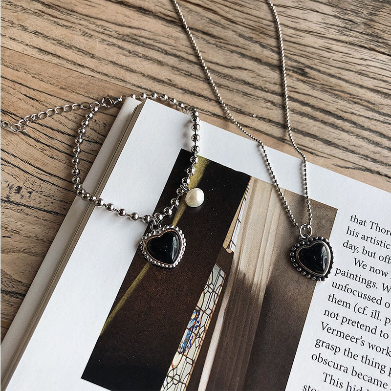 Rockyu ブラックハートネックレス＆ブレスレット レディース シルバー パール付きセット INS風