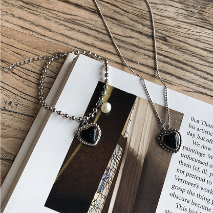 Rockyu ブラックハートネックレス＆ブレスレット レディース シルバー パール付きセット INS風