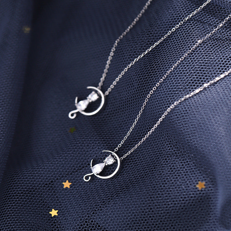 Rockyu 猫と月 ネックレス レディース 925純銀 ペンダント シンプル可愛い ジルコニア