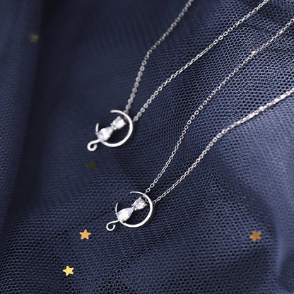 Rockyu 猫と月 ネックレス レディース 925純銀 ペンダント シンプル可愛い ジルコニア