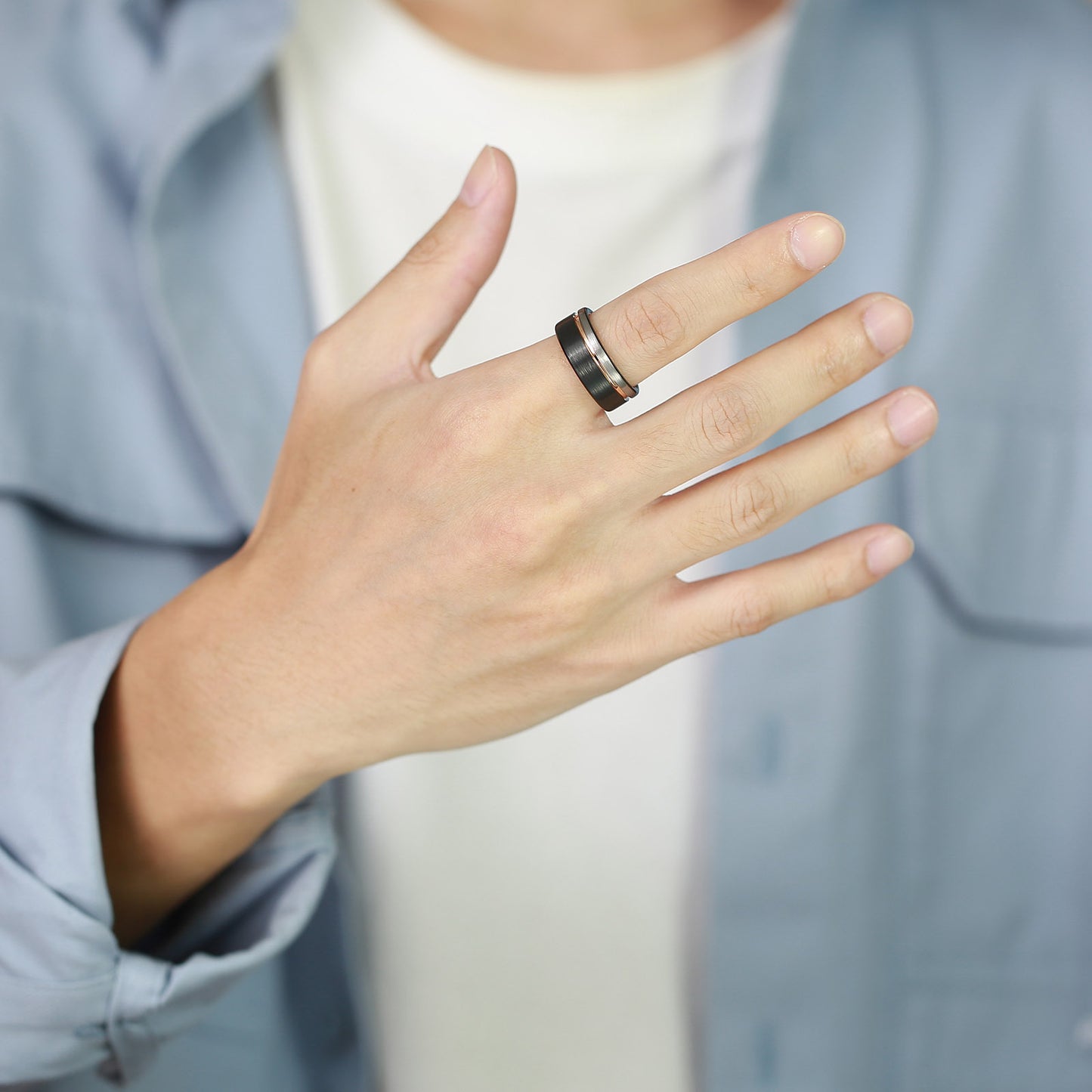 Rockyu メンズ レディース ペアリング タングステン ブラック×ピンクゴールド 8mm/6mm 金属アレルギーフリー