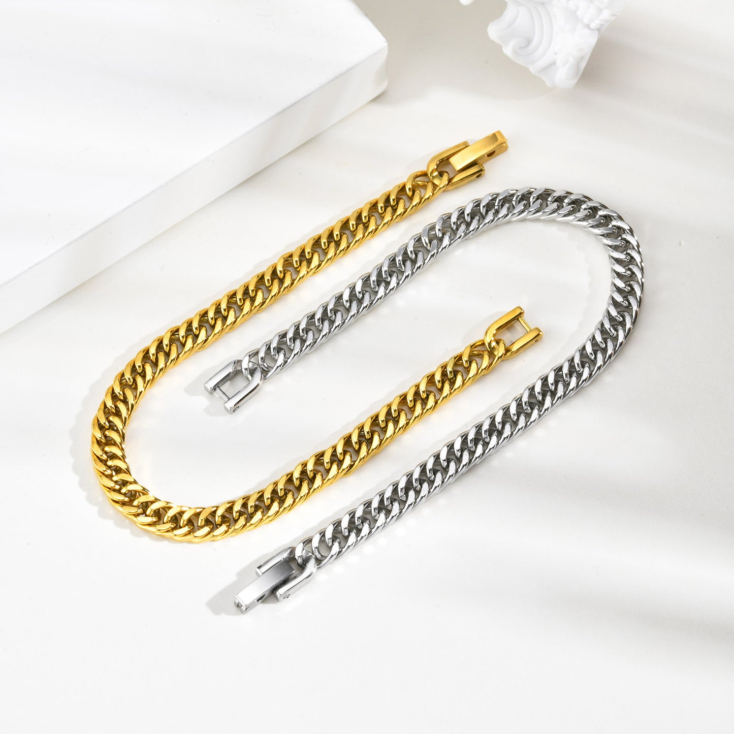 Rockyu レディース キューバンチェーンブレスレット｜ステンレス製 喜平チェーン 16.5cm｜ゴールド＆シルバー 金属アレルギー対応