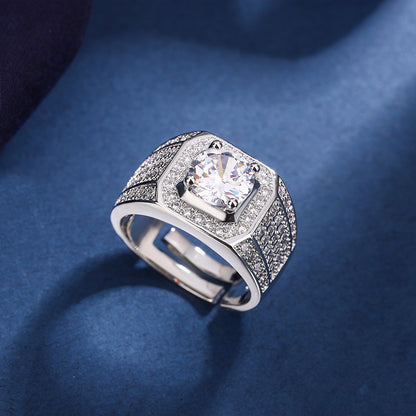 Rockyu メンズリング ゴールド＆シルバー調 大粒ジルコニア フリーサイズ 幅広デザイン