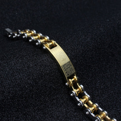 Rockyu メンズブレスレット 自転車チェーン風 ゴールド チタン製 プレート刻印 十字架 真言入り ハワイアン風 パーティーアクセサリー