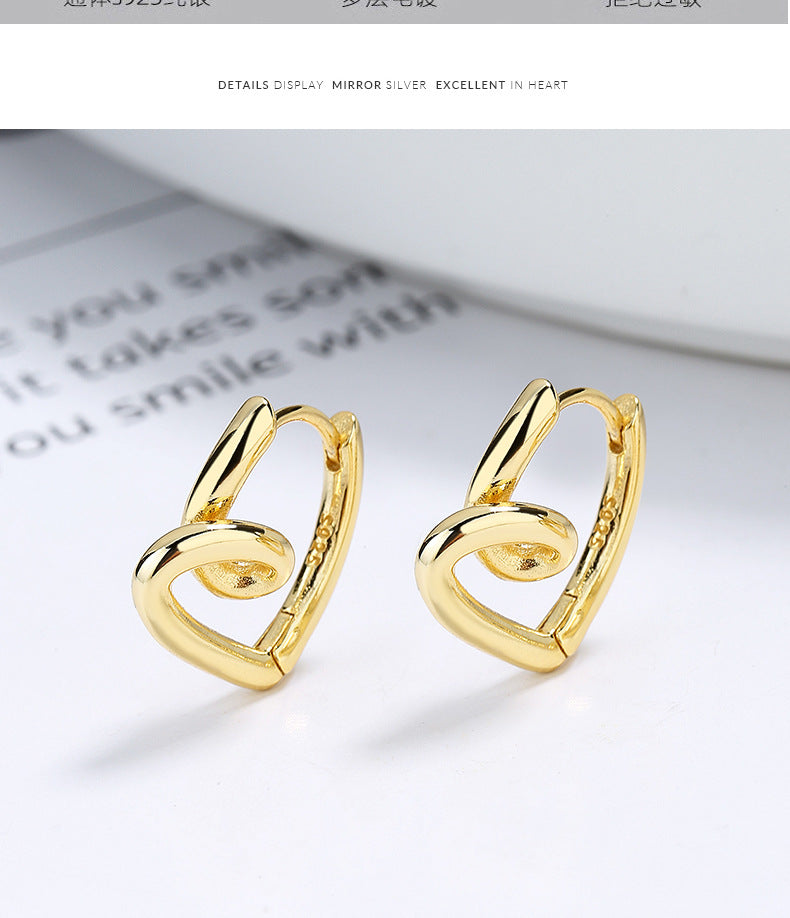 Rockyu S925シルバー＆ゴールド 不規則ツイストハート フープピアス レディース