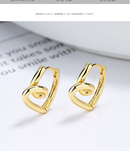 Rockyu S925シルバー＆ゴールド 不規則ツイストハート フープピアス レディース