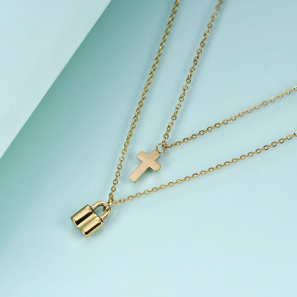 Rockyu レディース ネックレス 十字架 南京錠 ペンダント ピンクゴールド 18K チタン 2連チェーン