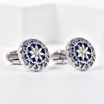 Rockyu カフス シルバーカラーバリエ 花柄透かし彫り ラウンドカフス メンズ ビジネス フォーマル ギフト