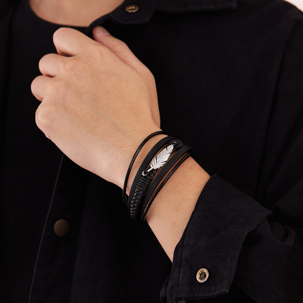Rockyu メンズブレスレット 本革×ステンレス 羽モチーフ 編み込みデザイン