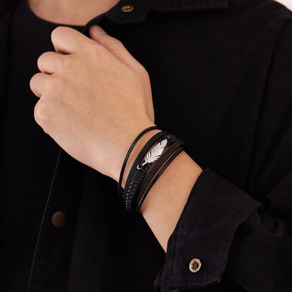 Rockyu メンズブレスレット 本革×ステンレス 羽モチーフ 編み込みデザイン