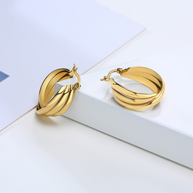 Rockyu レディースピアス 大ぶり三連クロス フープ ゴールド／シルバー チタン製 金属アレルギー対応