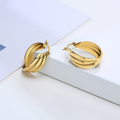 Rockyu レディースピアス 大ぶり三連クロス フープ ゴールド／シルバー チタン製 金属アレルギー対応