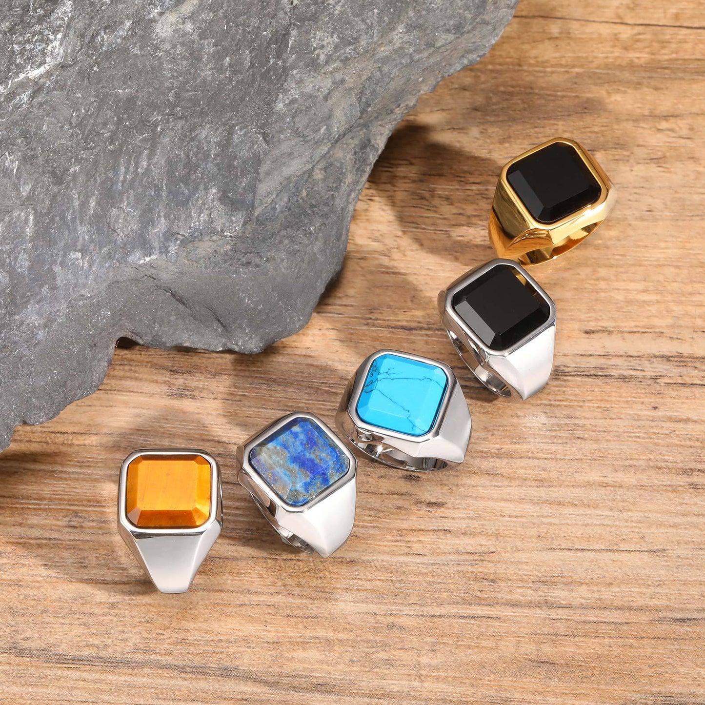 Rockyu メンズ印台リング ステンレス 四角ストーン IPゴールド 金属アレルギー対応